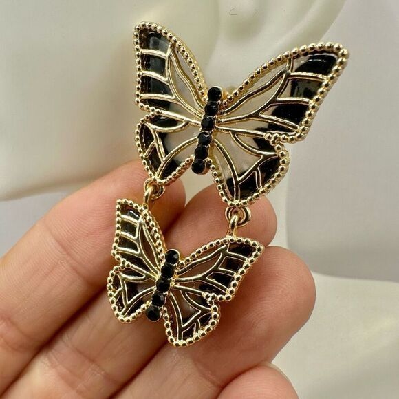 Double Butterfly Gold tone and black post drop earrings - Picture 5 of 8